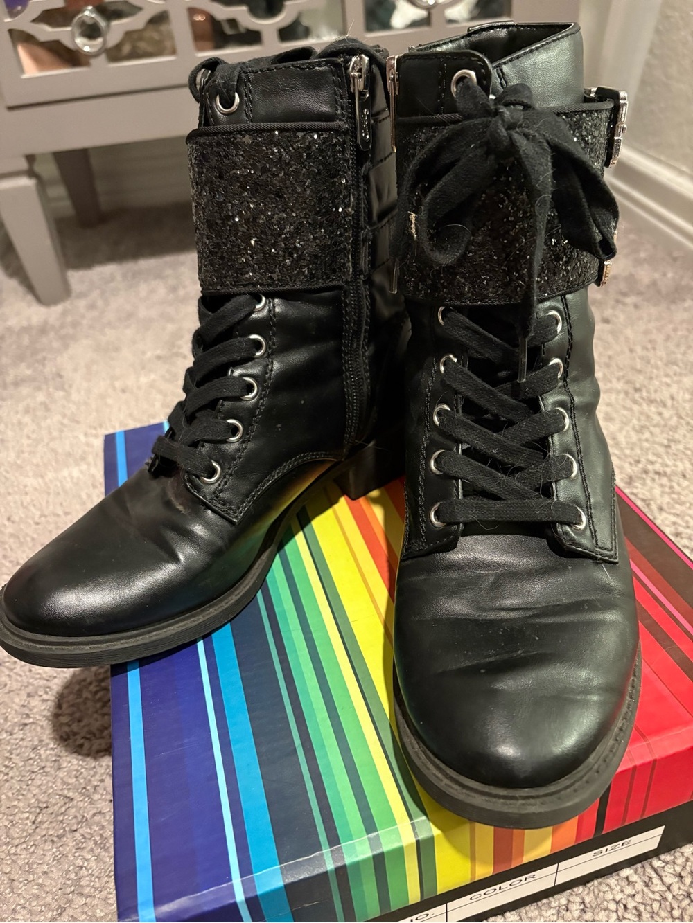 Circus by Sam Edelman Black Lace-Up Combat Boots with Glitter Cuff